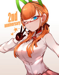 Rule 34 | absurdres, andou inari, animal hands, anniversary, blue eyes, bow, braid, breasts, choumi wuti (xueye fanmang zhong), dual wielding, fox girl, glasses, highres, holding, joints, large breasts, long hair, nijisanji, orange hair, robot ears, robot joints, solo, star (symbol), uniform, v, virtual youtuber, virtuareal, white background