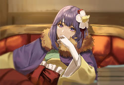 Rule 34 | 1girl, absurdres, book, bow, closed mouth, couch, dress, flower, forbidden scrollery, gloves, green dress, hair flower, hair ornament, hand up, hieda no akyuu, highres, japanese clothes, kimono, long sleeves, looking at viewer, multicolored clothes, multicolored dress, multicolored kimono, purple eyes, purple hair, red bow, red dress, red kimono, short hair, sitting, smile, solo, touhou, wall, white flower, white gloves, wide sleeves, yellow dress, yellow kimono, yokujitsu