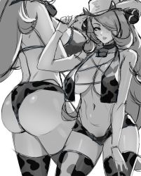 Rule 34 | 1girl, animal print, areola slip, ass, bare shoulders, bell, breasts, choker, cow print, cowbell, cowboy hat, cowboy shot, creatures (company), cynthia (pokemon), drawing, enma (enmanuelart), game freak, hair ornament, hair over one eye, hand up, hat, huge breasts, legs apart, lips, long hair, looking to the side, micro shorts, midriff, navel, neck bell, nintendo, panties, parted lips, pokemon, pokemon dppt, shorts, solo focus, string panties, thighhighs, thighs, underwear, unfinished, vest