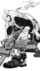 Rule 34 | 1girl, ahoge, aircraft, backpack, bag, bicopter, coezi2, commentary request, crowbar, ear protection, exoskeleton, gloves, greyscale, gun, headset, high contrast, highres, korean commentary, long hair, machine pistol, making-of available, military operator, monochrome, monochrome, original, science fiction, scope, signature, solo focus, squatting, trigger discipline, weapon