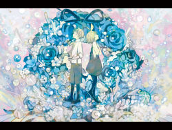 Rule 34 | 1boy, 1girl, 24 (24phage), ball, black eyes, black pantyhose, blonde hair, blue flower, blue rose, bow, brother and sister, closed eyes, dress, flower, hair bow, hands on own chest, kagamine len, kagamine rin, letterboxed, open mouth, pantyhose, rose, short dress, short hair, shorts, siblings, sleeves rolled up, sparkle, standing, suspenders, twins, vocaloid