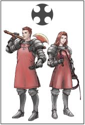 Rule 34 | 1boy, 1girl, armor, axe, brother and sister, brown eyes, brown hair, gauntlets, highres, holding, holding axe, holding whip, long hair, looking at viewer, over shoulder, oz mow gracious, ozma mow gracious, siblings, standing, tactics ogre, tunic, whip, white background, windcaller