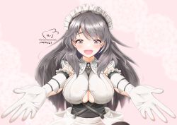 Rule 34 | 1girl, absurdres, artist name, azur lane, breasts, charybdis (azur lane), clothing cutout, dated, dress, elbow gloves, gloves, grey eyes, grey hair, highres, large breasts, long hair, looking at viewer, maid headdress, open mouth, outstretched arms, pink background, signature, simple background, solo, underboob, underboob cutout, upper body, white dress, white gloves, winsankemonodou