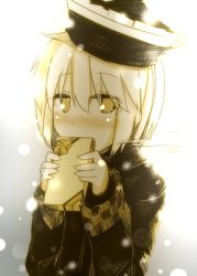 Rule 34 | 1girl, blush, box, coat, covering own mouth, female focus, gift, gift box, hat, kazetto, looking at viewer, lunasa prismriver, monochrome, short hair, sketch, solo, touhou, winter clothes