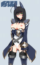 Rule 34 | 1girl, black hair, blush, breasts, breasts out, cleft of venus, female focus, glasses, green eyes, highres, ice-wall, long hair, looking at viewer, nipples, phantasy star, phantasy star portable 2, robot ears, solo, standing, wedgie