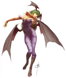 Rule 34 | 1girl, animal print, arched back, bare shoulders, bat (animal), bat print, bat wings, boots, breasts, bridal gauntlets, capcom, christine choi, cleavage, demon girl, demon wings, full body, fur trim, green hair, head wings, highleg, highleg leotard, knee boots, large breasts, leotard, long hair, looking at viewer, morrigan aensland, official art, outstretched arm, pantyhose, patterned legwear, print pantyhose, purple pantyhose, short hair, signature, simple background, solo, standing, udon entertainment, vampire (game), white background, wings