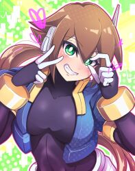 Rule 34 | 1girl, aile (mega man zx), artist request, black bodysuit, blue jacket, blush, bodysuit, bodysuit under clothes, breasts, brown hair, cropped jacket, green eyes, gyakutenndokei2, heart, heart (symbol), highres, jacket, large breasts, long hair, mega man (series), mega man zx, mega man zx advent, open clothes, open jacket, parted lips, ponytail, robot ears, shorts, skin tight, smile, tagme, teeth, v, white shorts