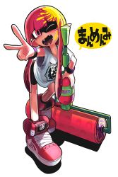 Rule 34 | 1girl, :d, bike shorts, fangs, full body, gashi-gashi, grin, inkling, inkling girl, inkling player character, long hair, loose clothes, loose shirt, nintendo, one eye closed, open mouth, paint, paint roller, pink eyes, pink hair, shirt, shoes, simple background, smile, sneakers, solo, speech bubble, splat roller (splatoon), splatoon (series), splatoon 1, standing, t-shirt, tentacle hair, translation request, v, white background, wink