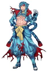 Rule 34 | 1boy, :d, abs, bead necklace, beads, blue footwear, blue hair, blue pants, creatures (company), feraligatr, full body, game freak, gen 2 pokemon, hair intakes, hand on own hip, headband, jewelry, katagiri hachigou, light blue hair, long hair, male focus, multiple necklaces, navel, necklace, nintendo, open mouth, orange eyes, pants, personification, pokemon, puffy pants, scar, scar on face, short hair, simple background, smile, solo, teeth, torn clothes, upper teeth only, white background