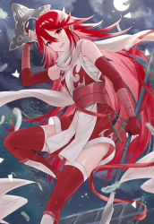 Rule 34 | 1girl, alternate costume, bare shoulders, blush, cloud, commentary request, cordelia (fire emblem), elbow gloves, fingerless gloves, fire emblem, fire emblem awakening, gloves, hair between eyes, hair ornament, haru (nakajou-28), highres, holding, holding polearm, holding weapon, japanese clothes, kimono, kunai, long hair, looking at viewer, moon, night, night sky, ninja, nintendo, obi, open mouth, outdoors, polearm, red eyes, red gloves, red hair, red kimono, red thighhighs, sash, scarf, shuriken, sky, sleeveless, sleeveless kimono, smile, solo, spear, thighhighs, very long hair, weapon, white scarf, wing hair ornament