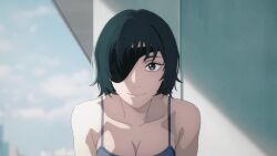 Rule 34 | 1girl, animated, anime screenshot, breasts, building, chainsaw man, cleavage, collarbone, eyelashes, eyepatch, female focus, green hair, himeno (chainsaw man), large breasts, looking at viewer, medium hair, morning, pov, screencap, sky, skyscraper, solo, solo focus, sound, tagme, tank top, video