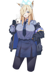 Rule 34 | 1girl, absurdres, animal ear fluff, animal ears, armband, black gloves, black jacket, black pantyhose, blonde hair, blue archive, blue armband, blue eyes, blue halo, blue necktie, blue shirt, blush, breasts, coffee mug, collared shirt, cup, dog ears, dog girl, gloves, gunpuu, hair over one eye, halo, hand on own hip, highres, holding, holding cup, jacket, kanna (blue archive), large breasts, long hair, long sleeves, looking at viewer, mug, necktie, open clothes, open jacket, pantyhose, pencil skirt, police, police uniform, policewoman, sharp teeth, shirt, shirt tucked in, skirt, solo, teeth, tie clip, uniform