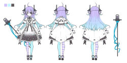 Rule 34 | 1girl, ahoge, asymmetrical legwear, black bow, black ribbon, blue hair, blue pantyhose, bow, character sheet, color guide, dress, eyepatch, gloves, gradient clothes, gradient dress, gradient hair, holding, holding microphone, long hair, looking at viewer, microphone, mismatched legwear, multicolored hair, multiple views, neck ribbon, one eye covered, original, pantyhose, purple eyes, purple hair, purple pantyhose, rednian, ribbon, simple background, striped clothes, striped pantyhose, virtual youtuber, white background, white gloves