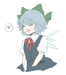 Rule 34 | 1girl, :d, ^ ^, blouse, blue dress, blue hair, blush, bow, cirno, closed eyes, collared shirt, cropped legs, dress, fairy wings, green bow, hair bow, heart, highres, kuromame (8gou), neck ribbon, open mouth, pinafore dress, puffy short sleeves, puffy sleeves, red ribbon, ribbon, shirt, short hair, short sleeves, simple background, sitting, sleeveless dress, smile, solo, speech bubble, spoken heart, touhou, white background, white shirt, wings
