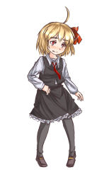 Rule 34 | 1girl, blonde hair, blouse, fang, fang out, frilled skirt, frills, hair ribbon, highres, mousoumousoumousou, pantyhose, red eyes, ribbon, rumia, shirt, short hair, simple background, skirt, smile, solo, touhou, vest, white background