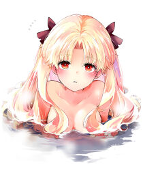 Rule 34 | 1girl, azumi (myameco), blonde hair, breasts, commentary, completely nude, ereshkigal (fate), fate/grand order, fate (series), hair ribbon, long hair, looking at viewer, medium breasts, nude, partially submerged, red eyes, red ribbon, ribbon, simple background, symbol-only commentary, two side up, upper body, wet, white background