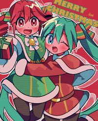 Rule 34 | 2girls, alternate costume, bell, black thighhighs, blue eyes, blue hair, bow, bowtie, box, christmas, double-parted bangs, dress, drill hair, fang, gift, gift box, gloves, green dress, green ribbon, hair between eyes, hatsune miku, holding, holding gift, hug, jumping, kasane teto, long hair, merry christmas, multicolored ribbon, multiple girls, neck bell, one eye closed, red background, red dress, red footwear, red hair, red ribbon, ribbon, teeth, thighhighs, twin drills, twintails, utau, very long hair, vocaloid, white bow, winter clothes, winter gloves, yellow trim, yuusuke-kun