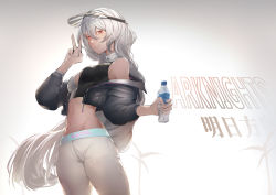 Rule 34 | 1girl, absurdres, alternate costume, arknights, bare shoulders, black jacket, blush, bottle, breasts, casual, cleavage, copyright name, cowboy shot, crop top, cropped jacket, gradient background, grey hair, hair between eyes, highres, holding, holding bottle, jacket, long sleeves, looking at viewer, medium breasts, navel, open clothes, open jacket, palm tree, pants, parted lips, partially unzipped, photoshop (medium), red eyes, saigakobaru, smile, solo, specter (arknights), stomach, tree, v, visor cap, water bottle, white pants, zipper pull tab