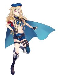 Rule 34 | 1girl, armband, asymmetrical legwear, belt, beret, blonde hair, blue hair, blue shorts, boots, buttons, cape, closed mouth, commentary, epaulettes, full body, hat, highres, hime hina channel, leg strap, long hair, looking at viewer, midriff, mismatched legwear, multicolored hair, nail polish, navel, official art, purple eyes, sash, shorts, shugao, sleeveless, smile, solo, streaked hair, suspender shorts, suspenders, suzuki hina, thigh strap, virtual youtuber
