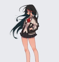 Rule 34 | 1girl, 320 (romsen), alternate hair length, alternate hairstyle, bad id, bad twitter id, black hair, black jacket, black skirt, blouse, blue eyes, closed mouth, collared shirt, commentary, frown, grey background, hands in pockets, highres, jacket, kill la kill, letterman jacket, long hair, looking to the side, matoi ryuuko, miniskirt, multicolored hair, neck ribbon, open clothes, open jacket, pleated skirt, red hair, red ribbon, ribbon, shirt, simple background, skirt, solo, standing, streaked hair, twitter username, two-tone hair, white shirt, wind