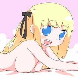 Rule 34 | 1girl, black ribbon, blonde hair, blue eyes, breasts, hair ribbon, large breasts, long hair, looking at viewer, lying, nipples, on stomach, open mouth, pink background, ribbon, solo