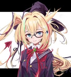 Rule 34 | 1girl, asymmetrical clothes, asymmetrical ears, asymmetrical eyewear, asymmetry, bad id, bad twitter id, black-framed eyewear, blonde hair, closed mouth, collared shirt, front ponytail, gishiki (gshk), green eyes, hair ornament, hat, heterochromia, highres, jacket, letterboxed, long hair, looking at viewer, multicolored hair, original, purple hat, purple jacket, purple sailor collar, sailor collar, school uniform, semi-rimless eyewear, serafuku, shirt, simple background, smile, solo, streaked hair, under-rim eyewear, upper body, white background, white shirt, wing collar, witch hat