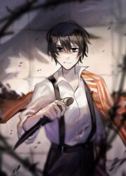 Rule 34 | 1boy, absurdres, barbed wire, black eyes, black hair, closed mouth, coat, coat on shoulders, cowboy shot, dagger, e.g.o (project moon), hand up, highres, holding, holding dagger, holding knife, holding weapon, huanxue, indoors, knife, limbus company, long sleeves, looking at viewer, prison cell, project moon, shirt, solo, suspenders, weapon, white shirt, yi sang (project moon)