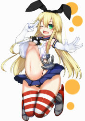 Rule 34 | 10s, 1girl, anchor, anchor hair ornament, bad id, bad pixiv id, bare shoulders, black panties, blonde hair, breasts, covered erect nipples, elbow gloves, gloves, green eyes, hair ornament, hair ribbon, highleg, highleg panties, kantai collection, long hair, looking at viewer, miniskirt, navel, one eye closed, open mouth, panties, personification, ribbon, shimakaze (kancolle), skirt, small breasts, smile, solo, striped clothes, striped thighhighs, tenken (gotannda), thighhighs, underboob, underwear, white gloves, wink