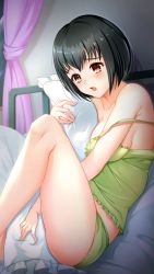 Rule 34 | 1girl, bedroom, black hair, blush, breasts, brown eyes, collarbone, doukyuusei, doukyuusei another world, frilled shirt, frills, from side, game cg, green panties, green shirt, hair between eyes, indoors, medium breasts, off shoulder, official art, open mouth, panties, pillow, saitou ako, shirt, short hair, sideboob, sitting, sleeveless, sleeveless shirt, solo, spaghetti strap, underwear