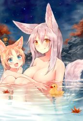 Rule 34 | 2girls, :d, absurdres, animal ears, bathing, blonde hair, blue eyes, blush, breasts, closed mouth, fox ears, fox girl, highres, large breasts, leaf, long hair, looking at viewer, maple leaf, multiple girls, nude, onsen, open mouth, orange eyes, original, outdoors, partially submerged, pink hair, rubber duck, sidelocks, silver hair, smile, steam, stone lantern, sukemyon, tail, wet, wet hair, yellow eyes