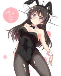 Rule 34 | 10s, 1girl, animal ears, black hair, blush, bow, bowtie, breasts, choukai (kancolle), cleavage, dated, detached collar, fake animal ears, fishnet pantyhose, fishnets, glasses, headgear, jiino, kantai collection, long hair, pantyhose, playboy bunny, rabbit ears, red eyes, rimless eyewear, solo, wrist cuffs
