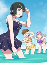 Rule 34 | 3:, 3girls, :d, ;d, = =, anyoji hime, anyoji hime (swimsuit), arm up, arms up, asymmetrical bikini, bikini, black hair, black one-piece swimsuit, black ribbon, blonde hair, blue sky, blunt bangs, blush, breasts, brown hair, casual one-piece swimsuit, center-flap bangs, closed mouth, collarbone, commentary request, contrapposto, cowboy shot, day, frilled bikini, frilled one-piece swimsuit, frills, gradient hair, green eyes, hair ornament, hair ribbon, hairclip, half up braid, half updo, highres, kachimachi kosuzu, kachimachi kosuzu (swimsuit), leaning forward, link! like! love live!, long hair, love live!, matsu 038, medium breasts, medium hair, momose ginko, momose ginko (swimsuit), multicolored hair, multiple girls, navel, no jacket, official alternate costume, official alternate hairstyle, one-piece swimsuit, one eye closed, open mouth, outdoors, pink eyes, pink hair, polka dot one-piece swimsuit, purple bikini, ribbon, short hair, sidelocks, sky, smile, split mouth, stomach, straight hair, swept bangs, swimsuit, swimsuit skirt, very long hair, wading, water, yellow bikini