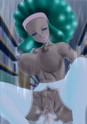 Rule 34 | 10s, 1girl, afro, blaze (blz6-vfj2), blue eyes, bouncing breasts, breasts, cowgirl position, creatures (company), dark nipples, dark skin, fang, game freak, garter belt, garter straps, girl on top, green hair, gym leader, hairband, headband, hetero, interracial, lace, lace-trimmed legwear, lace trim, large breasts, lenora (pokemon), long hair, nintendo, nipples, nude, outdoors, penis, pokemon, pokemon bw, pussy, rain, sex, sidelocks, solo focus, straddling, thighhighs, thighs, tongue, tongue out, topless, uncensored, vaginal, wet, white thighhighs