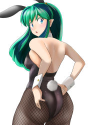 Rule 34 | 1girl, absurdres, animal ears, ass, black leotard, black pantyhose, blue eyes, commentary request, detached collar, fake animal ears, fishnet pantyhose, fishnets, from behind, green hair, highres, horns, leotard, looking back, lum, nanao futaba, pantyhose, playboy bunny, pointy ears, rabbit ears, rabbit girl, rabbit tail, simple background, solo, strapless, strapless leotard, tail, urusei yatsura, white background, wrist cuffs
