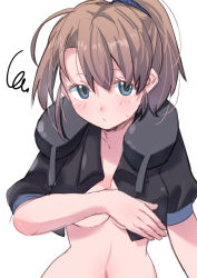 Rule 34 | 1girl, black shirt, blue eyes, breasts, brown hair, covering privates, covering breasts, intrepid (kancolle), kantai collection, large breasts, looking at viewer, neck pillow, no bra, ponytail, sanninme no haru, shirt, short hair, simple background, solo, squiggle, upper body, white background