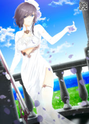 Rule 34 | 1girl, ark royal (azur lane), ark royal (pure-white protector) (azur lane), azur lane, balcony, black hair, blue eyes, blue sky, breasts, bridal veil, cloud, commentary, commission, cowboy shot, day, dress, dutch angle, english commentary, eyes visible through hair, falling petals, flower, framed breasts, from side, gloves, grass, gun, hair between eyes, hair flower, hair ornament, hair over one eye, hat, highres, holding, holding gun, holding weapon, indoors, large breasts, long dress, looking to the side, lukmanscootkenn, mini hat, ocean, official alternate costume, parted lips, petals, pillar, purple flower, purple rose, qr code, railing, rifle, rose, short hair, side slit, sidelocks, skindentation, sky, smile, solo, standing, thighhighs, tilted headwear, veil, weapon, white dress, white gloves