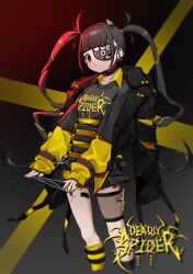 Rule 34 | 1girl, absurdres, asymmetrical legwear, black nails, black shirt, black skirt, blunt bangs, choker, collared shirt, eyepatch, feet out of frame, highres, insect on head, long hair, long sleeves, looking at viewer, original, personification, print shirt, shirt, siguma (13238772100), skirt, sleeves past wrists, socks, solo, twintails, very long hair