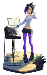 Rule 34 | 1girl, absurdres, black hair, breasts, choker, collarbone, commentary, english commentary, headphones, highres, instrument, keyboard (instrument), midriff, multicolored hair, music, navel, off-shoulder shirt, off shoulder, original, pantyhose, plant, playing instrument, potted plant, purple eyes, purple hair, shirt, shoes, shorts, sirena (tostantan), small breasts, sneakers, solo, standing, streaked hair, teeth, thigh strap, tostantan, two-tone hair, upper teeth only, white background, wooden floor