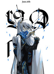 Rule 34 | 2boys, ahoge, birthday, black gloves, black jacket, blue flower, branch, cape, chain, character name, dated, falling petals, flower, gloves, gold trim, highres, holding, holding mask, jacket, library of ruina, long hair, mask, multicolored hair, multiple boys, multiple persona, nishikujic, petals, project moon, side ponytail, simple background, spoilers, streaked hair, very long hair, white background, white cape, white hair, yan vismok