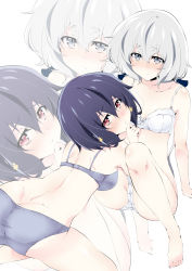Rule 34 | 2girls, absurdres, all fours, ass, bare shoulders, black hair, blue bra, blue panties, blush, bra, breasts, collarbone, commentary request, grey eyes, grey hair, hair ornament, hair ribbon, highres, knees up, konno junko, long hair, looking at viewer, low twintails, ma-yu, medium breasts, mizuno ai, multiple girls, panties, ribbon, short hair, sitting, twintails, underwear, underwear only, white bra, white panties, zombie land saga