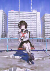 Rule 34 | 1girl, apartment, bare tree, black hair, building, city, clear sky, dirty, dirty clothes, head tilt, highres, kneehighs, leaning to the side, looking at viewer, muted color, neckerchief, original, puddle, purple eyes, railing, red neckerchief, reoen, school uniform, serafuku, shadow, shoes, short hair, signature, sitting, sky, sneakers, socks, solo, swing, tree, white socks