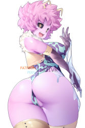 Rule 34 | 1girl, ashido mina, ass, black sclera, blush, boku no hero academia, breasts, colored sclera, colored skin, from behind, gloves, hot vr, large breasts, leotard, looking at viewer, looking back, open mouth, partially visible vulva, pink hair, pink skin, shiny skin, short hair, simple background, smile, solo, standing, thighhighs, white background, yellow eyes