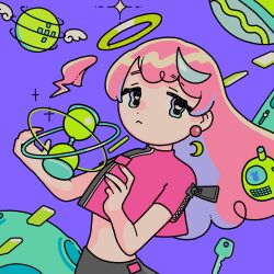 Rule 34 | 1girl, :&lt;, abstract, abstract background, absurdres, blue eyes, blue hair, cellphone, clock, crescent, crop top, crop top overhang, green halo, halo, highres, hourglass, key, light blue hair, midriff, multicolored hair, original, phone, pink hair, planet, purple background, shuujuu misobata, simple background, star (symbol), symbol-shaped pupils, two-tone hair, zipper