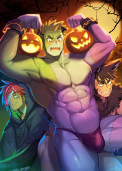 Rule 34 | 3boys, abs, animal ears, bandage over one eye, bara, bikini briefs, blush, bulge, colored skin, feet out of frame, frankenstein&#039;s monster, frown, full moon, green skin, halloween, halloween costume, highres, jack-o&#039;-lantern, large pectorals, looking at viewer, male focus, male underwear, mature male, moon, multiple boys, muscular, muscular male, navel, nipples, original, pectorals, red male underwear, semi-rimless eyewear, sharp teeth, short hair, sideburns, stomach, tail, teeth, thick eyebrows, thick thighs, thighs, topless male, tree, under-rim eyewear, underwear, waku (ayamix), wolf boy, wolf ears, wolf tail