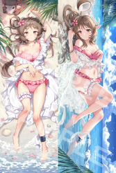 Rule 34 | 1girl, animal, animal ears, anklet, antenna hair, arknights, arm up, armpits, barefoot, beach, bikini, blue sky, blush, breasts, bridal garter, brown hair, closed mouth, cloud, collarbone, dakimakura (medium), day, eyjafjalla (arknights), eyjafjalla (summer flower) (arknights), flower, from above, from side, full body, hair flower, hair ornament, hand on own chest, hand on own stomach, hibiscus, highres, horns, infection monitor (arknights), jewelry, knees up, long hair, looking at viewer, lying, medium breasts, multiple views, ocean, off-shoulder bikini, off shoulder, official alternate costume, on back, outdoors, pink bikini, pink flower, red eyes, sample watermark, sand, seashell, shallow water, sheep, sheep ears, sheep girl, sheep horns, shell, sky, smile, starfish, swimsuit, taro (ultrataro), water, watermark, wreath