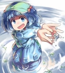 Rule 34 | 1girl, backpack, bag, blue eyes, blue hair, boots, dress, dress shirt, hair bobbles, hair ornament, hat, kawashiro nitori, key, leaf, long sleeves, looking at viewer, matching hair/eyes, monosenbei, open mouth, pocket, pond, ripples, rubber boots, shirt, short hair, skirt, skirt set, smile, solo, touhou, two side up, water, water drop