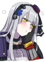 Rule 34 | 2girls, puff of air, aoi (aoisaka), bad id, bad twitter id, black gloves, blush, closed mouth, facial mark, girls&#039; frontline, gloves, green eyes, grey hair, hair ornament, hand on another&#039;s cheek, hand on another&#039;s face, hat, hk416 (girls&#039; frontline), hk416 (mod3) (girls&#039; frontline), long hair, mini hat, mod3 (girls&#039; frontline), multiple girls, pout, simple background, solo focus, ump45 (girls&#039; frontline), ump45 (mod3) (girls&#039; frontline), white background