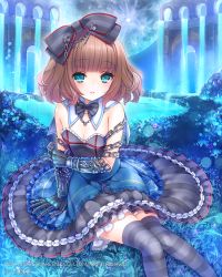 Rule 34 | 10s, 1girl, 2014, 2016, aqua eyes, arch, artist name, bare shoulders, black bow, black bowtie, black thighhighs, blunt bangs, blush, bow, bowtie, breasts, brown hair, chain, cleavage, company name, detached collar, dress, eyebrows, grass, hair bow, knees together feet apart, lens flare, looking at viewer, lost crusade, parted lips, planet, pond, sitting, small breasts, solo, striped bow, striped bowtie, striped clothes, striped neckwear, striped thighhighs, thighhighs, water, waterfall, watermark, yuasa akira