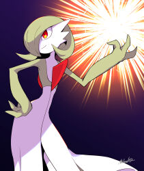 Rule 34 | 1other, absurdres, arm up, artist name, blue background, bob cut, closed mouth, colored skin, contrapposto, cowboy shot, creatures (company), energy, game freak, gardevoir, gen 3 pokemon, glowing, green hair, green skin, hair over one eye, hand on own hip, happy, higashimura michael, highres, multicolored skin, nintendo, one eye covered, other focus, pokemon, pokemon (creature), red eyes, short hair, signature, smile, solo, standing, two-tone skin, white skin