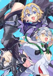 Rule 34 | 3girls, absurdres, armor, armored dress, black dress, black gloves, black thighhighs, blonde hair, blue background, blue eyes, breastplate, cape, capelet, chain, closed mouth, clothing cutout, commentary, dress, elbow gloves, english commentary, fate/grand order, fate (series), fur-trimmed capelet, fur-trimmed gloves, fur trim, gauntlets, gloves, headpiece, highres, jeanne d&#039;arc (fate), jeanne d&#039;arc (ruler) (fate), jeanne d&#039;arc alter (avenger) (fate), jeanne d&#039;arc alter (fate), jeanne d&#039;arc alter santa lily (fate), long hair, looking at viewer, multiple girls, otinksan, plackart, purple dress, short hair, signature, simple background, smile, thighhighs, two-tone dress, very long hair, white capelet, white dress, white hair, yellow eyes